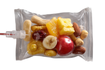 Fruit Salad Iv Drip in Transparent Plastic Bag on Checkered Background
