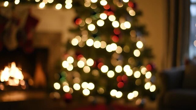 Blurred Christmas tree lights and fireplace in a cozy home for holiday atmosphere and celebration.
