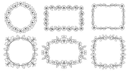 Collection of hand-drawn floral frames in various shapes including circle and rectangle, adorned with delicate flowers and leaves.