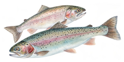 Rainbow trout freshwater fish pair swimming aquatic life speckled skin silver green pink stripe wildlife illustration appear calm and natural in clear water scene