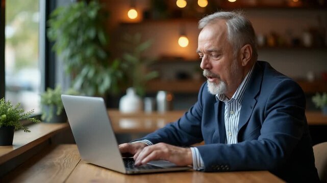 Mature businessman working on laptop in cozy cafe, enjoying flexibility of remote work. Professional man managing business online, looking at camera, smiling with confidence. Senio. Investor trader