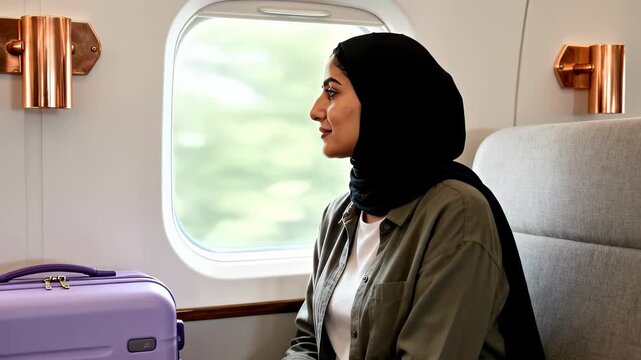 Smiling young woman wearing a black hijab looks out the window on a modern airplane or high speed train