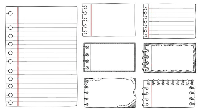 Set of hand-drawn notebook paper, including a full lined page and various spiral-bound or ripped note card templates.
