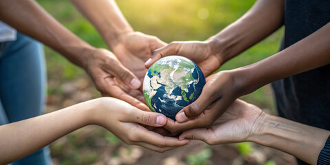Hands circle unity earth globe diverse hands support together teamwork community cooperation care sustainability environment planet nature green harmony peace friendship diversity inclusion