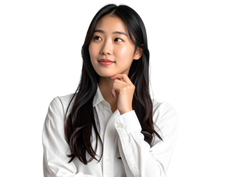 Thoughtful young Asian woman looking sideways, contemplating a decision, isolated on transparent background.