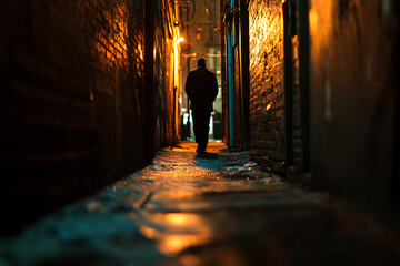 Lonely person walking through eerie dark street with green mist and horror vibe at night, generative ai