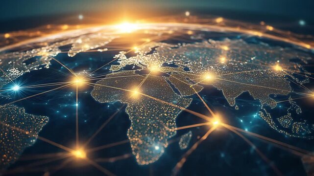 A view of interconnected regions across the world globe showing bright digital networks and lights