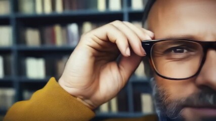 Mature bearded professor adjusting eyewear while standing near bookshelf, making confident eye contact in academic library setting - Powered by Adobe