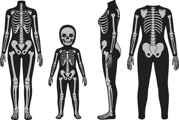 Family wearing skeleton costumes front and back view, Halloween outfit design, spooky bone suit illustration for adult and child, festive fashion art