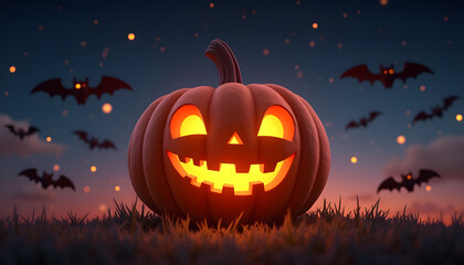 Obraz premium A glowing jack o lantern surrounded by bats in a spooky night sky