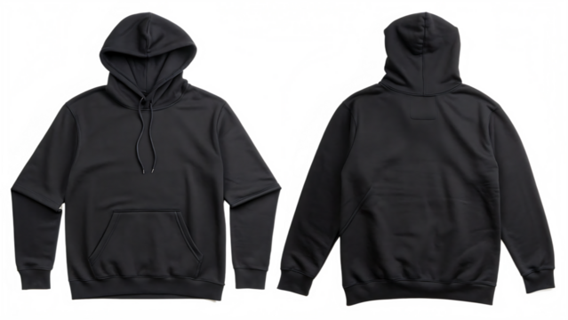 Front and back view of a blank black pullover hoodie cut out on PNG. AI generated.
