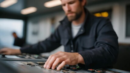 Close-up of veteran adjusting digital sensors on a wind turbine control panel — representing renewable technology, green engineering, smart infrastructure, and post-service careers in - Powered by Adobe