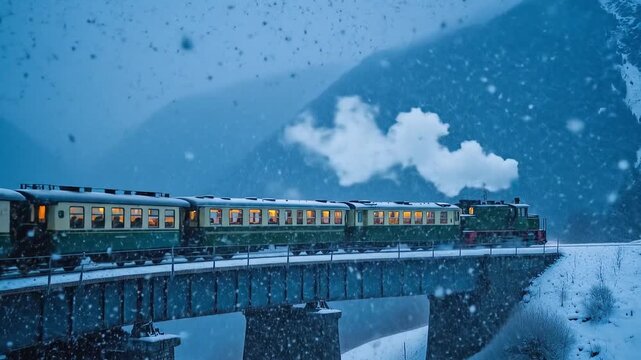 Vintage passenger train chugging slowly across a high, snow-covered alpine bridge. The surrounding mountain peaks are covered in pristine snow, and a faint plume of smoke rises into the air