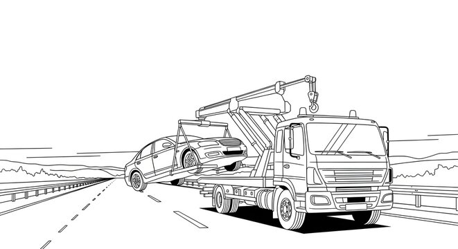 Vector line art of a roadside assistance tow truck recovering a car on an empty highway, showcasing vehicle transport services