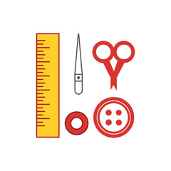 Sewing equipment vector illustration featuring ruler needle scissors button and ring