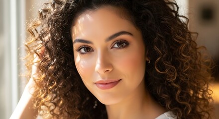 A young woman with curly brown hair smiles softly, looking towards the camera.