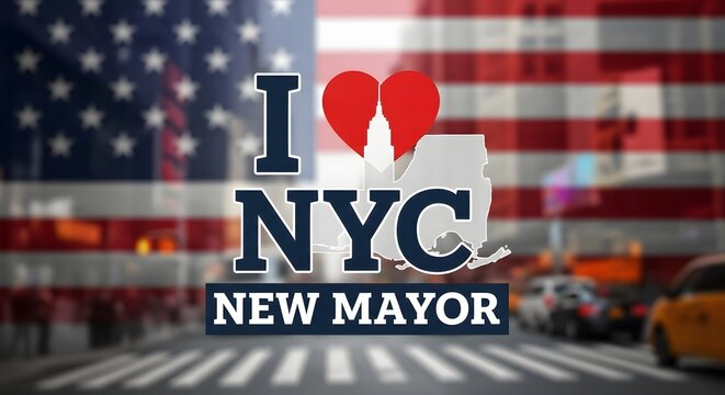 New Mayor Text with I Love NYC Logo on Blurred American Flag Background