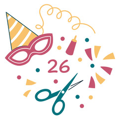 Party Hat Mask Scissors and Confetti for Celebration