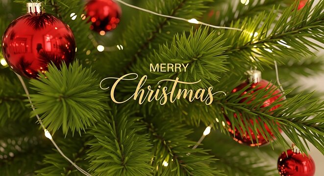 Closeup of a decorated christmas tree with red ornaments and fairy lights, featuring the text merry christmas