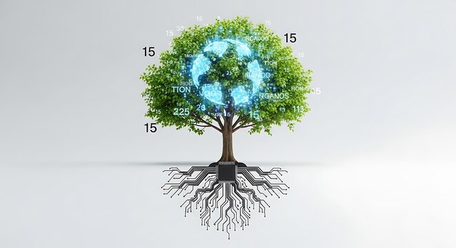 A tree with a recycling symbol in its branches and circuit board roots - Powered by Adobe