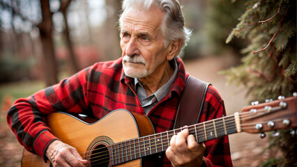 Old man, thoughtful mood, playing guitar outdoors in a park surrounded by trees