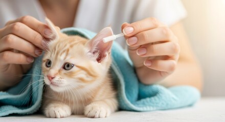 Woman cleaning cat ear with cotton swab. Kitten pet hygiene and care concept. Domestic animal health and grooming for veterinary website.