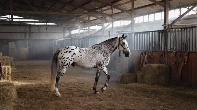 Appaloosa Horse Standing in Stable, Equestrian Breed with Spotted Coat Pattern, Horseback Riding, Agriculture, Rural Life, Farm Animal, Barn Interior