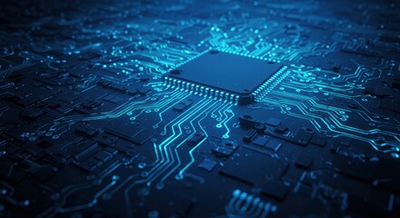 Illuminated integrated circuit board features glowing blue electronic pathways connected to a central processor