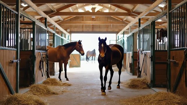 Interior View of Horse Stable with Three Brown Horses Standing on Straw Bedding, Wooden Structure, and Natural Light