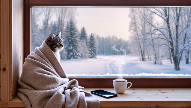 A cat sleeved in a blanket sitting on a large glass window sill, gazing at the snowy scenery outside, and has a cup of coffee and a cell phone next to him.