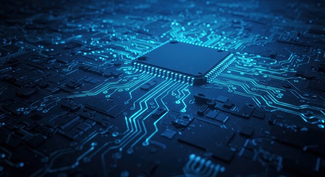 Illuminated integrated circuit board features glowing blue electronic pathways connected to a central processor