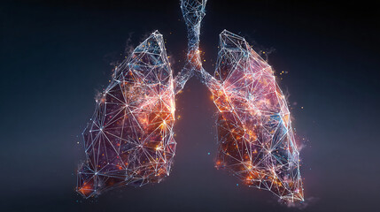 Digital rendering of lungs, showcasing the intricate network of bronchioles and alveoli, illuminated with vibrant colors