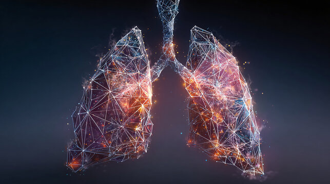 Digital rendering of lungs, showcasing the intricate network of bronchioles and alveoli, illuminated with vibrant colors