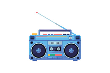 Retro blue boombox with cassette tape and antenna on white background