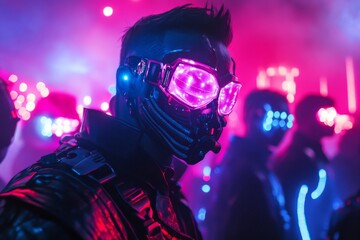Futuristic cyber gothic rave party with neon lights and glowing attire