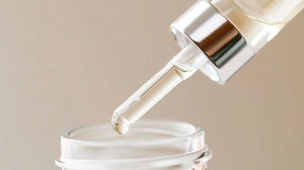 A dropper dispensing serum into a clear glass jar.