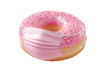 Pink Donut with Face Mask and White Sprinkles Isolated on Background