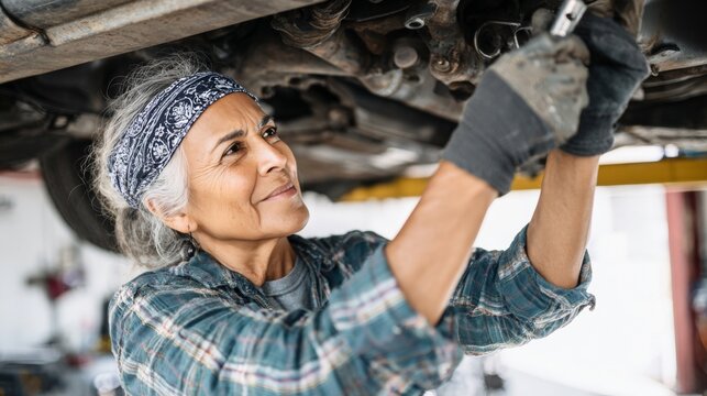 Mature Hispanic female mechanic skillfully repairing a vehicle under a lifted car, showcasing expertise and dedication in an automotive workshop