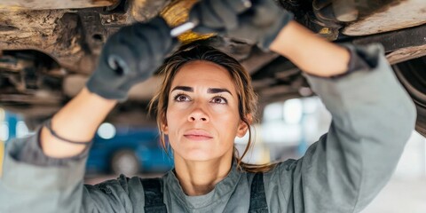 Female mechanic working under a car, focused on using a wrench, showcasing automotive repair skills and dedication in a workshop environment
