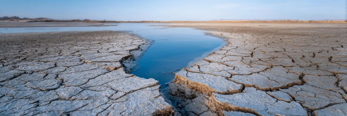 Cracked dry land transitions into clear water, showcasing a striking contrast of textures and colors, symbolizing environmental conservation efforts