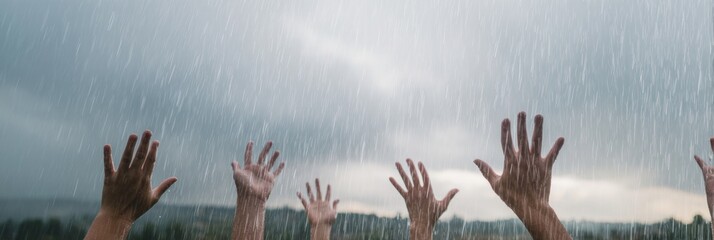 Row of hands reaching out under soft cinematic rain, captured in panoramic format with blue-gray sky, evoking a sense of longing and connection