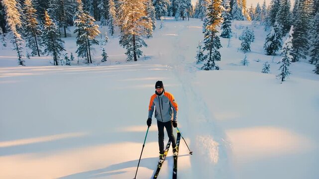 Man Cross-Country Skiing in Snowy Forest Landscape, Winter Adventure, Outdoor Recreation, Sunny Day, Fresh Snow, Finland