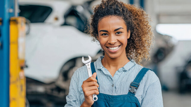 Young Black female mechanic in blue overalls confidently holding a wrench, smiling in a sunlit garage with automotive tools and vehicles around