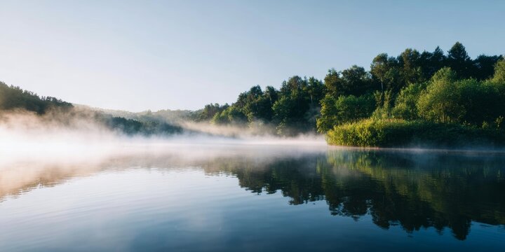 Cinematic photo of early morning fog rising over still water, showcasing a tranquil landscape and emphasizing the importance of environmental conservation