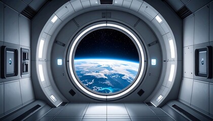 Obraz premium Space station window looking out on earth. Space view is bright, curved, showing clouds, continents, and atmosphere
