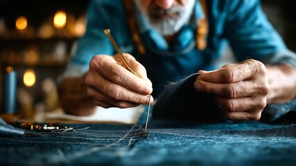 Emphasize skill tailor’s hands guiding fabric under needle, chalk marks aligned, realism, garment making, finesse, craft detail, with copy space