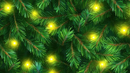 Close-up of green pine branches adorned with warm yellow lights.