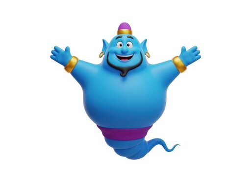Blue genie character with arms raised isolated on white background