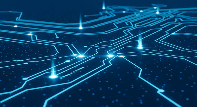 A futuristic blue circuit board design with glowing connections evokes a sense of high technology and advanced electronic systems for digital applications