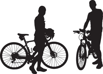 Fototapeta premium vector, silhouette of a cyclist couple with bike looking at camera